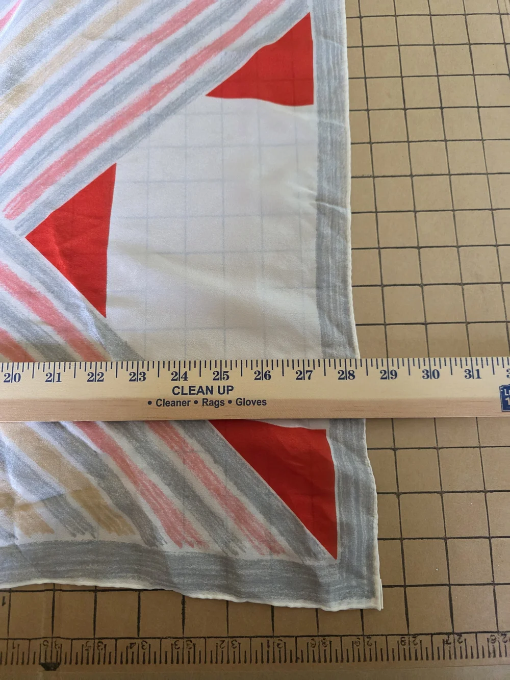 Vintage Vana Silk Scarf  Red Gray Beige Geometric Square Hand Rolled Hem Mod
